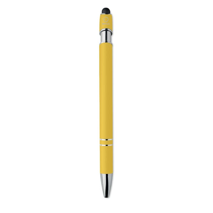 A yellow pen with a sleek design and chrome accents, featuring a stylus tip on the top.