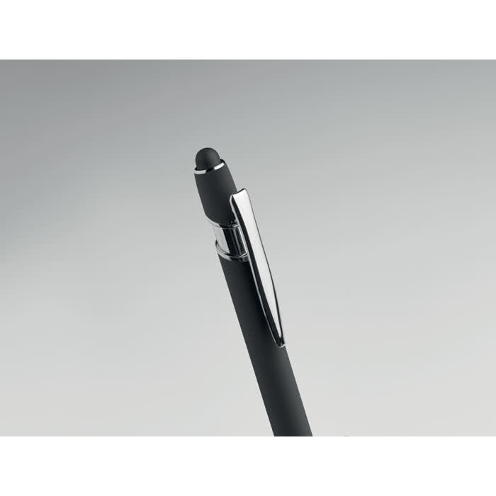 A sleek black pen with a shiny silver clip and a rounded tip. The design is modern and minimalistic.