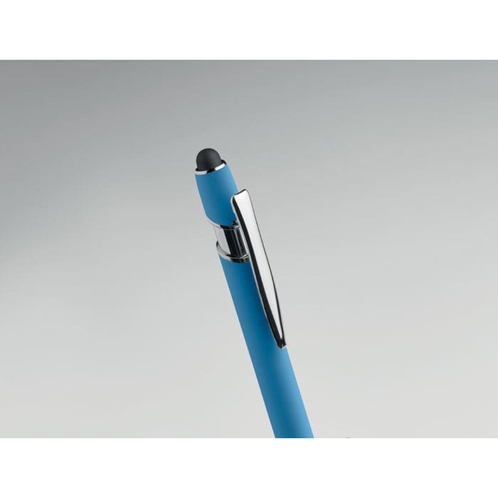 A pen with a blue body and a chrome clip, featuring a black stylus tip at the end.