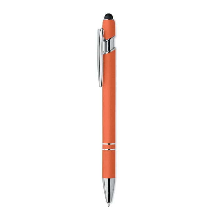 An orange pen with a sleek, silver clip and a stylus tip for touchscreen devices. It features a simple logo.