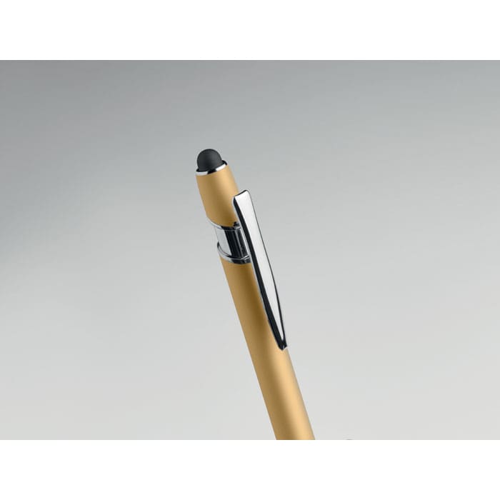A gold pen with a chrome clip and a black rubber tip, featuring a sleek design.