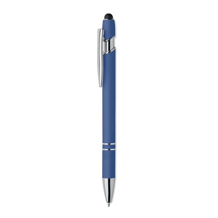 A blue pen with a metal clip and tip, featuring a soft-touch grip and a stylus at the end.