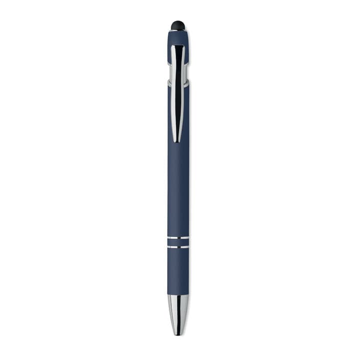 A pen with a sleek navy blue body and silver accents, featuring a clip and a stylus tip. It has a modern design.