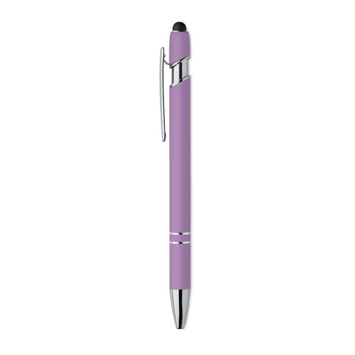 A purple pen with a silver clip and accents, featuring a black stylus tip.
