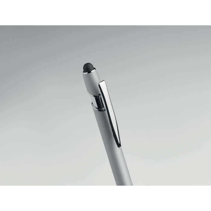 A silver pen with a sleek design and a glossy finish, featuring a clip and a rounded tip.