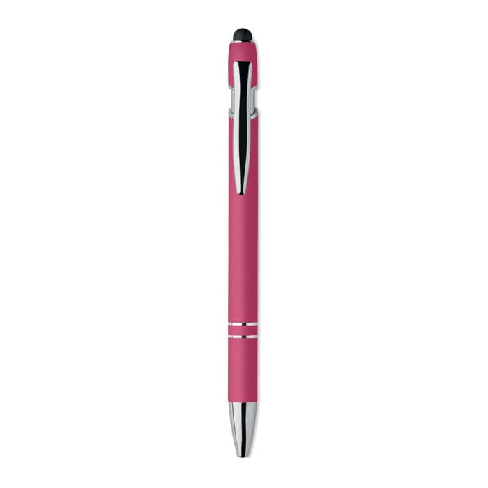 A pink pen with a shiny silver clip and a touch screen stylus on top. It has a sleek design and smooth finish.