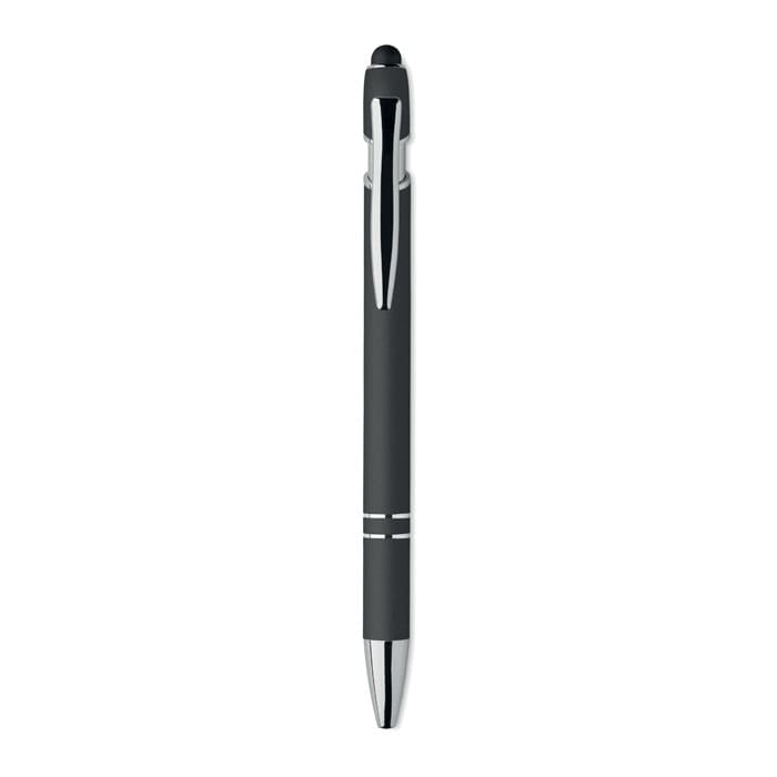 A black pen with a sleek design, featuring silver accents and a stylus tip. It has a branding logo on the barrel.