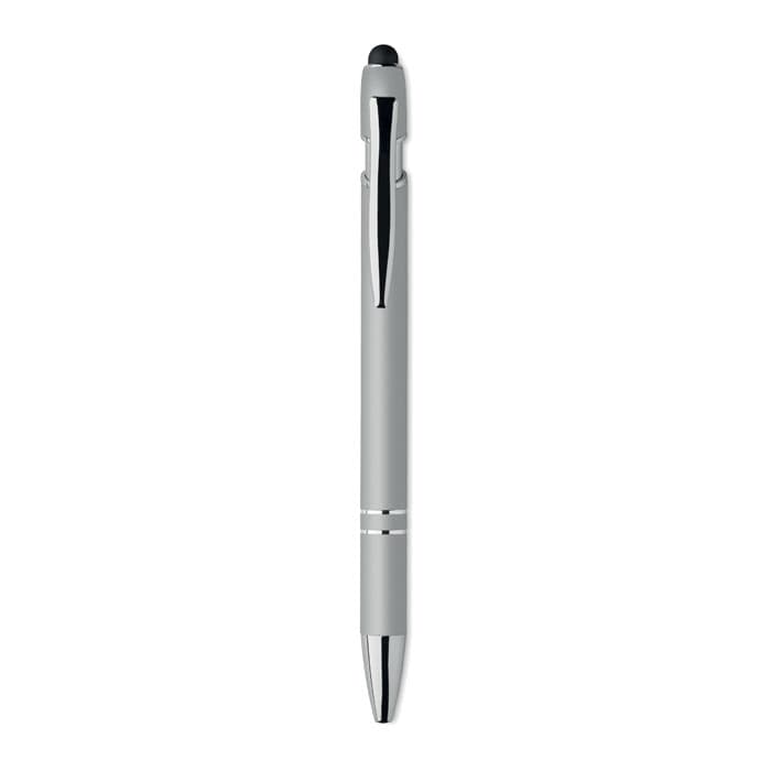A grey pen with a sleek design, featuring a shiny clip and a touch tip for screens. It has a branding logo on the side.
