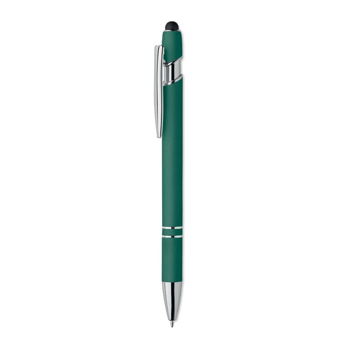 A pen in a teal colour with silver accents and a stylus tip. It features a sleek, modern design.