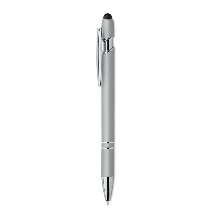 A grey pen with a silver trim and a built-in stylus tip. It features a sleek and modern design.