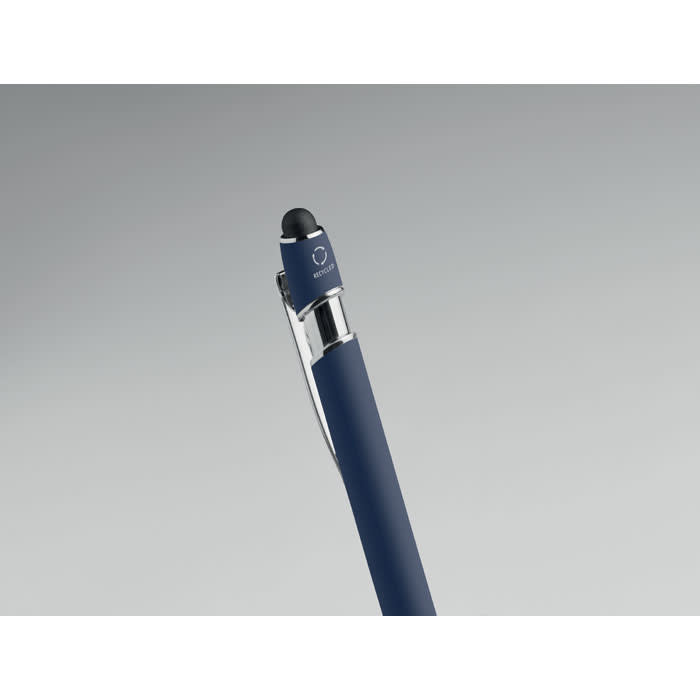 A navy blue pen with a shiny chrome clip and a stylus tip, featuring a branded logo near the top.