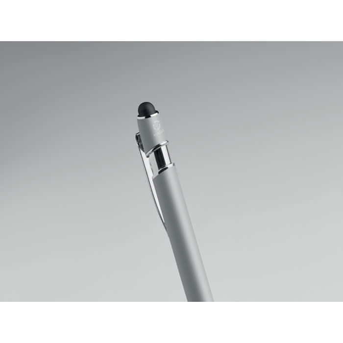 A grey pen with a black ballpoint tip and a clip, featuring a sleek and modern design.