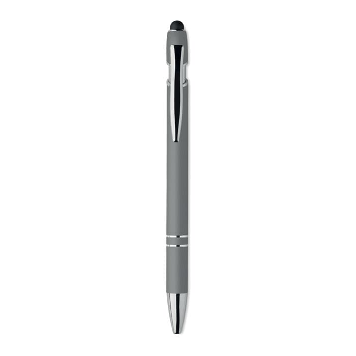 A grey pen with a glossy silver tip and two silver stripes on the barrel, featuring a stylus end.