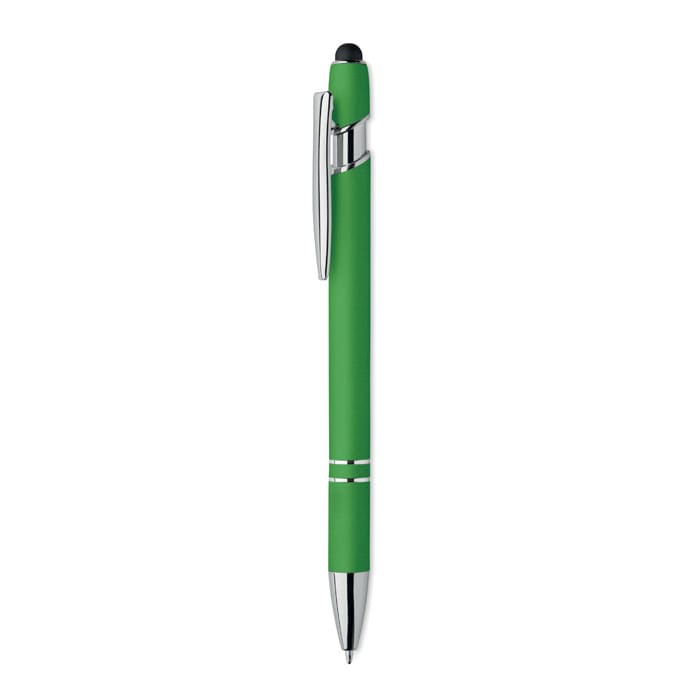 A green pen with a chrome clip and tip, featuring a smooth finish and a rubberised grip.