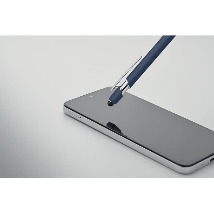 A smartphone with a sleek black screen and a blue pen resting on it. The image features a minimalist design.
