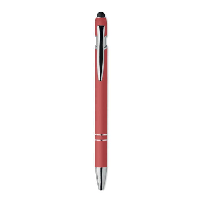 A red pen with a sleek design and chrome accents, featuring a stylus tip on one end.