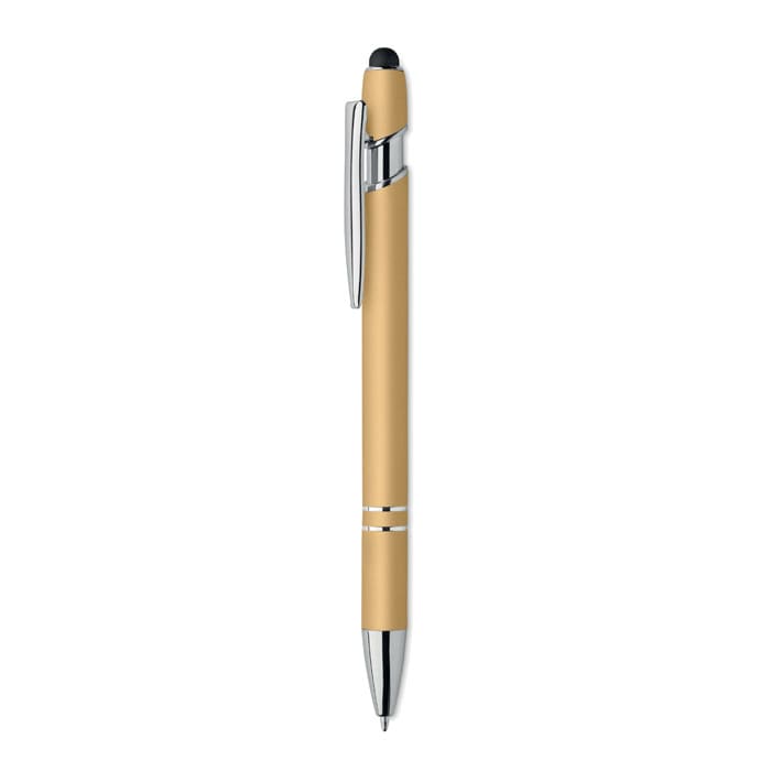 A pen with a gold body and chrome accents, featuring a stylus tip for touchscreen devices. It has branding on the side.