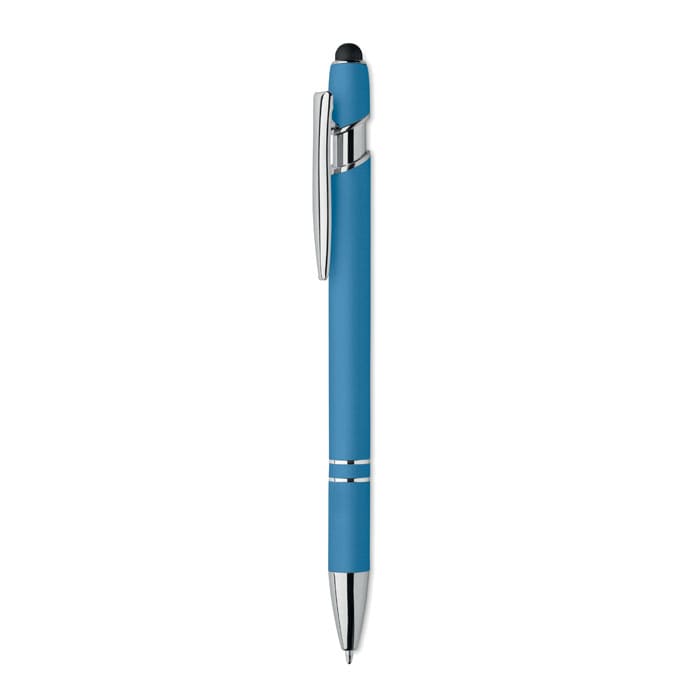 A blue pen with a chrome clip and detailing, featuring a smooth barrel design. It has a logo on the side.