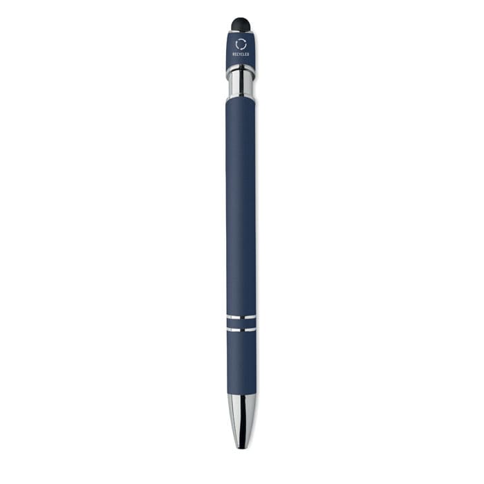 A pen in navy blue with silver accents and a logo on the top. The design features a smooth finish and a click mechanism.