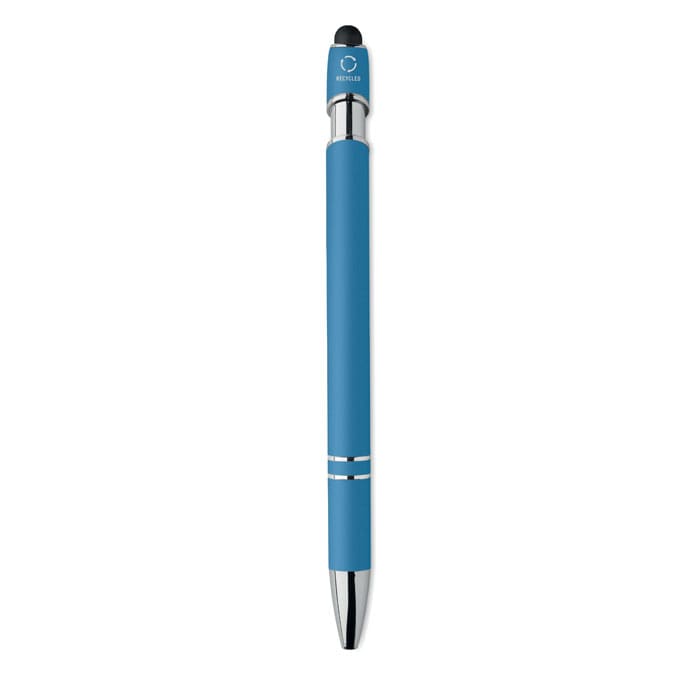 A blue promotional pen featuring a sleek design and a silver tip. It includes a branding logo at the top.