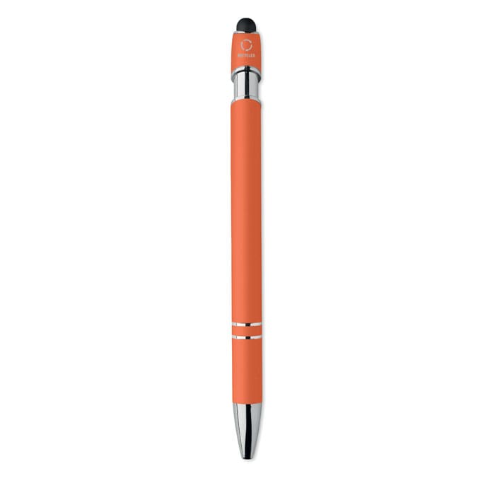 An orange stylus pen with a silver tip, featuring a logo near the top.