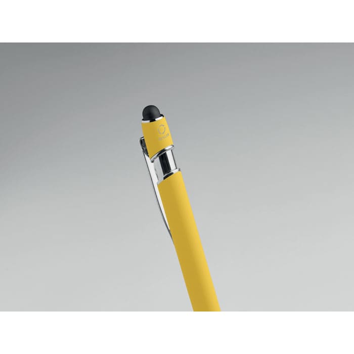 A yellow pen with a chrome clip and a black stylus tip on the end, featuring a sleek design.