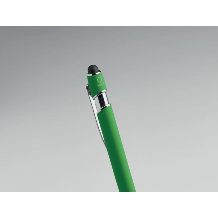 A green pen with a black tip and a silver clip, featuring a logo on the upper part.