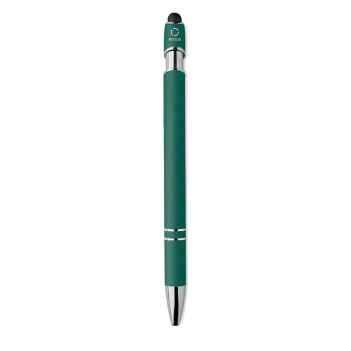 A green stylus pen with a metal tip and a branding logo on the top.