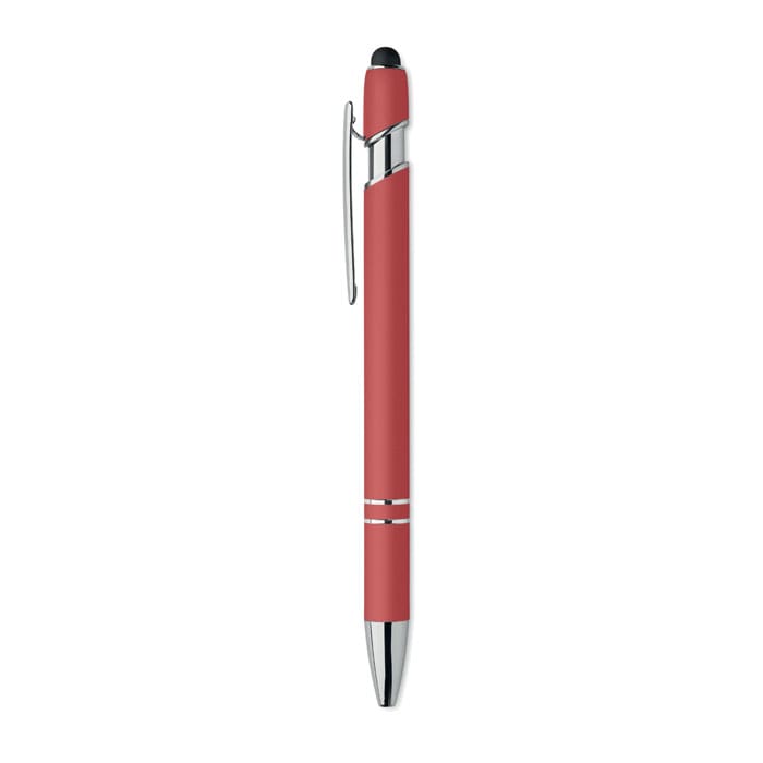 A pen with a red body and chrome accents, featuring a stylus tip and a clip for easy attachment.