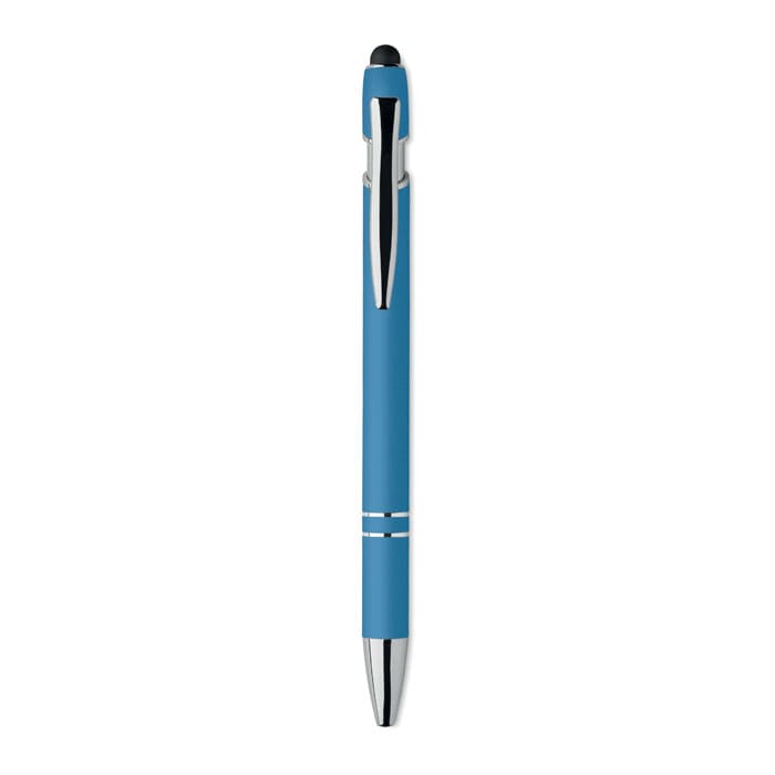 A blue pen with a smooth finish, featuring silver accents and a logo on the clip.