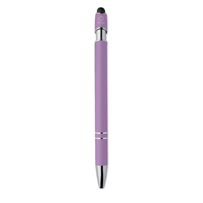 A purple pen with a silver tip and two silver bands, featuring a stylus on the top. It has a sleek design.