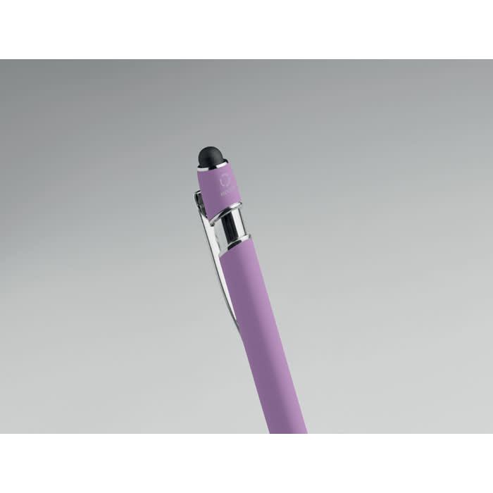 A purple pen with a black rubber tip and a shiny clip, featuring a logo on its upper part.