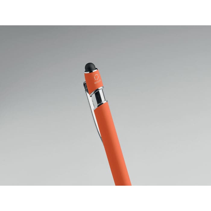 An orange pen with a black tip and a silver clip, featuring a logo on the top.