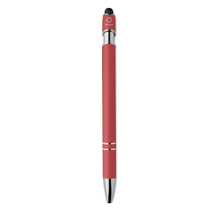 A red pen with a sleek design and chrome accents. It includes a logo on the upper part.