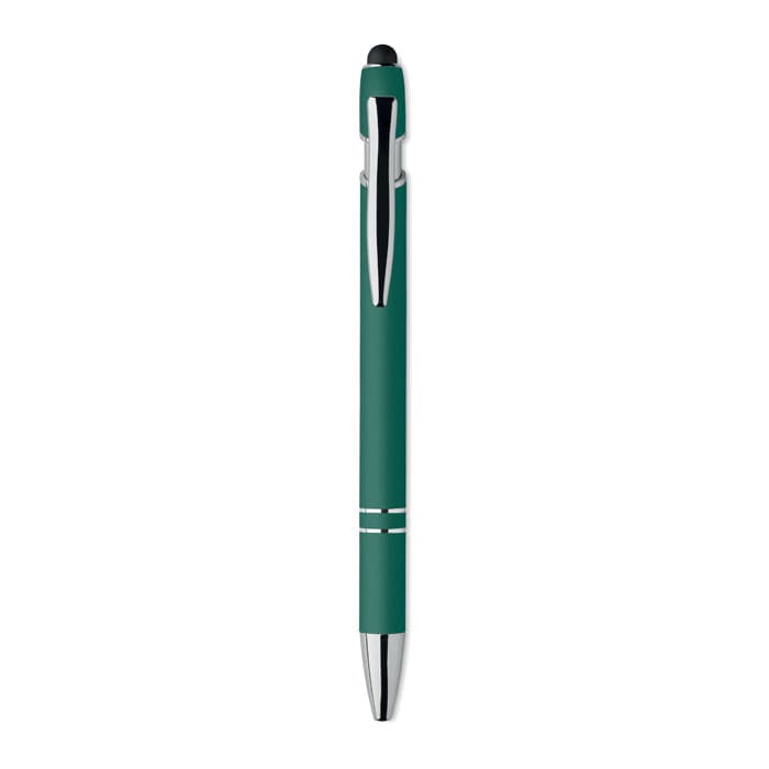A pen with a teal body, silver accents, and a stylus tip for touchscreens. It features a simple, modern design.