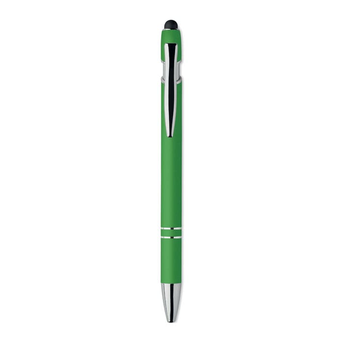 A green pen with a polished silver tip and a branding logo.