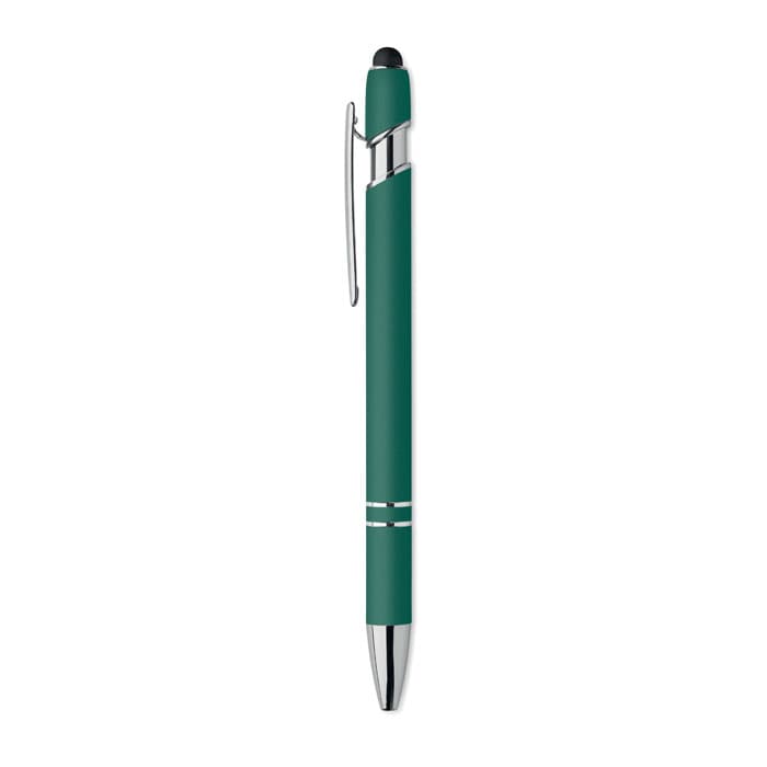 A teal stylus pen with a chrome clip and silver accents, featuring a sleek, modern design.
