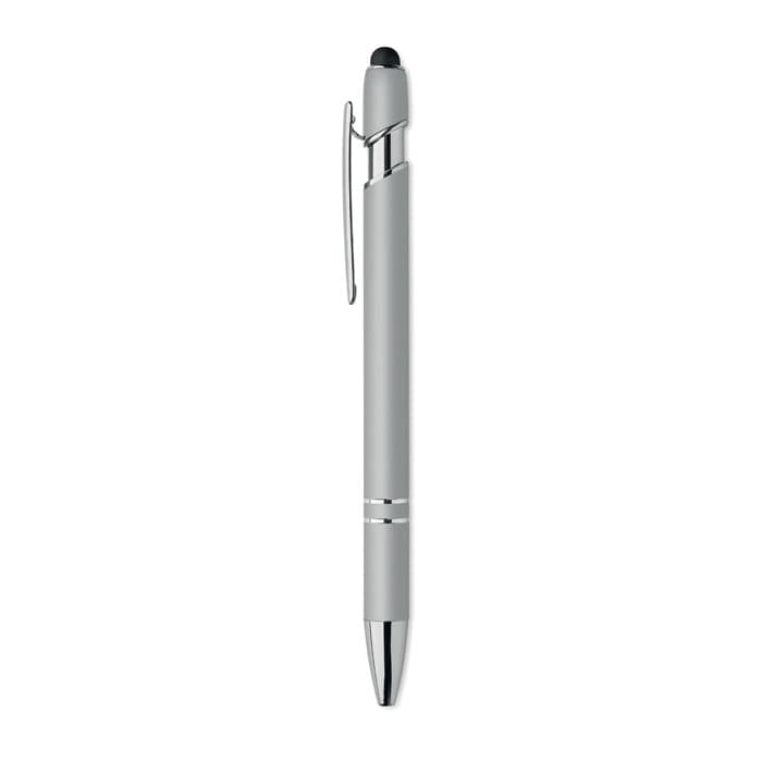 A grey stylus pen features a sleek design with a shiny tip and clip. It includes a black rubber tip for touchscreen use.