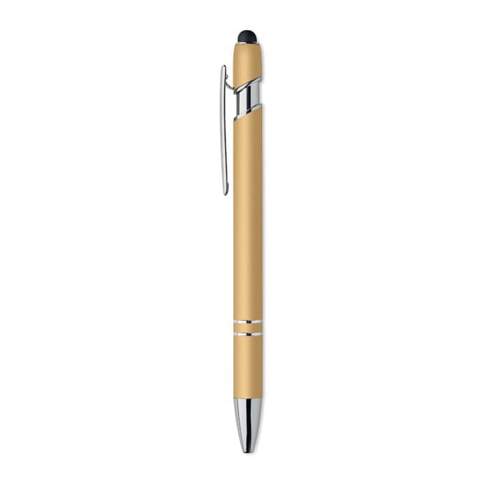 A pen with a slim design in a gold colour, featuring a silver clip and a stylus tip.