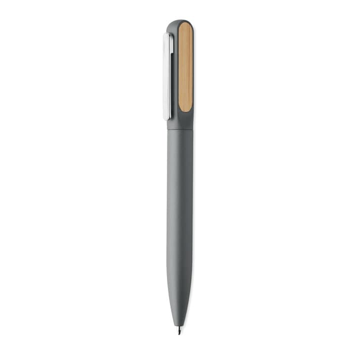 A pen featuring a sleek grey body and a wooden clip, with a simple logo on the side.
