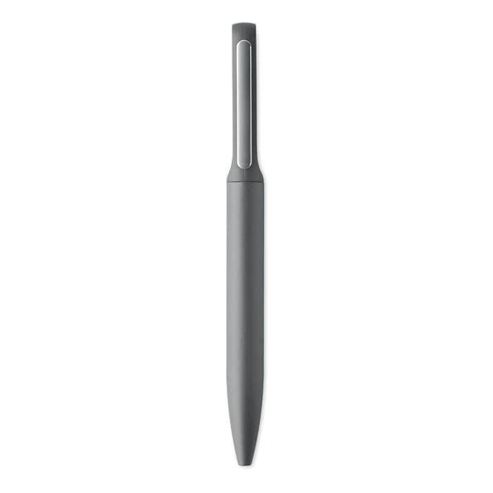 A pen in a sleek grey design with a smooth, rounded body and a clip on the side. It features a minimalist style.