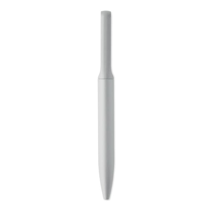 A pen in a sleek, minimalistic design, featuring a smooth white casing and a pointed tip.
