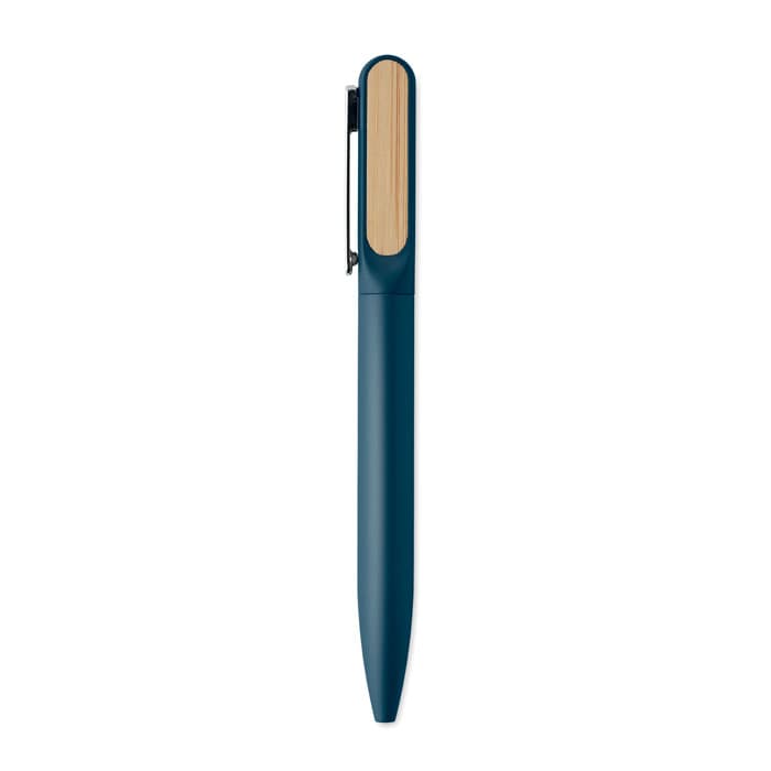 A pen with a navy blue barrel and a wooden accent on the clip. It features a sleek design and a logo.