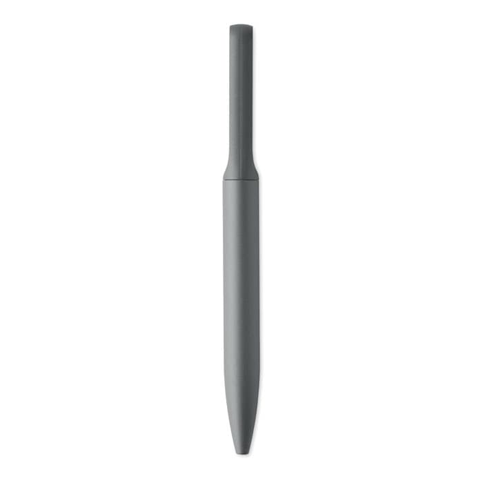 A grey pen with a smooth, streamlined design, featuring a capped top and a tapered tip.