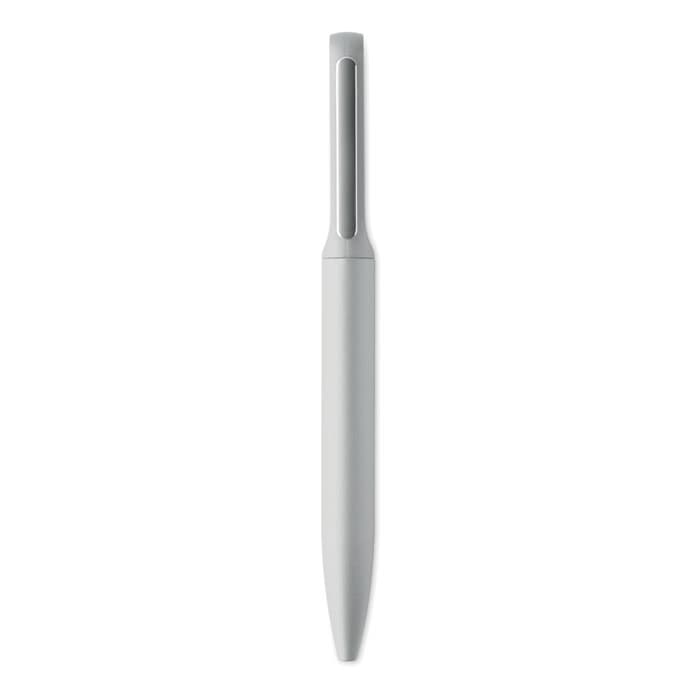 A pen in a minimalist design, featuring a smooth grey exterior and a clip for easy attachment.