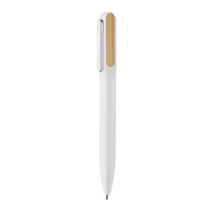 A pen with a white barrel and a wooden accent, featuring a clip on the side. It has a sleek, modern design.