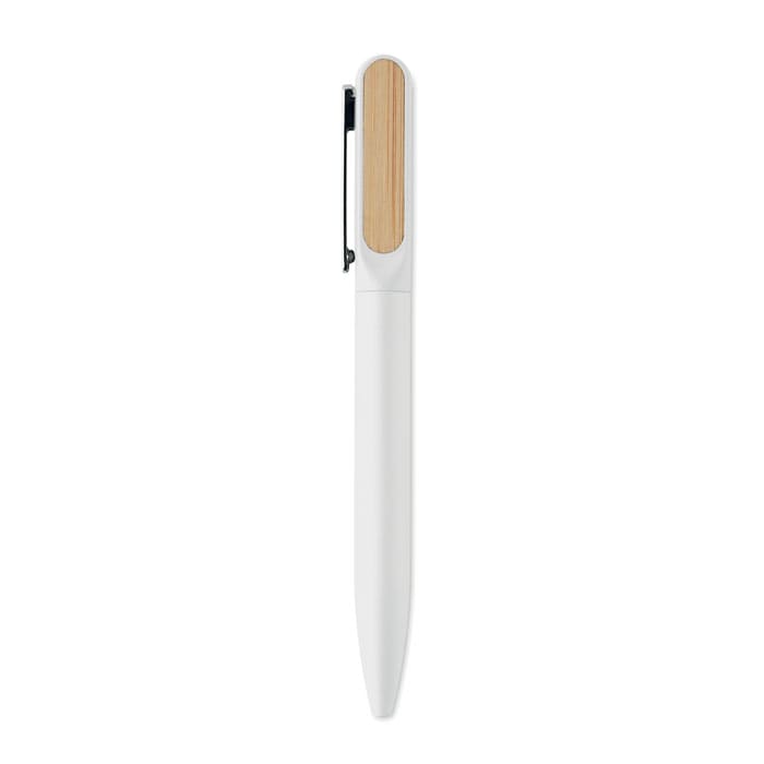 A pen with a white body and a bamboo accent on the top, featuring a clip for securing.