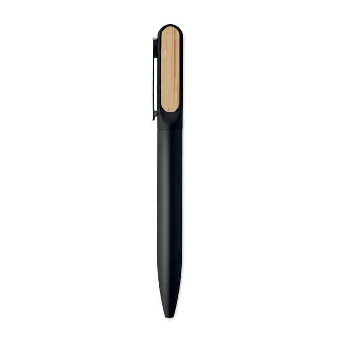 A black pen with a bamboo accent and a clip. It features a sleek, minimalist design.