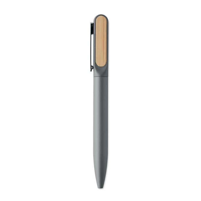 A pen with a grey body and a wooden clip. It features a sleek and modern design.