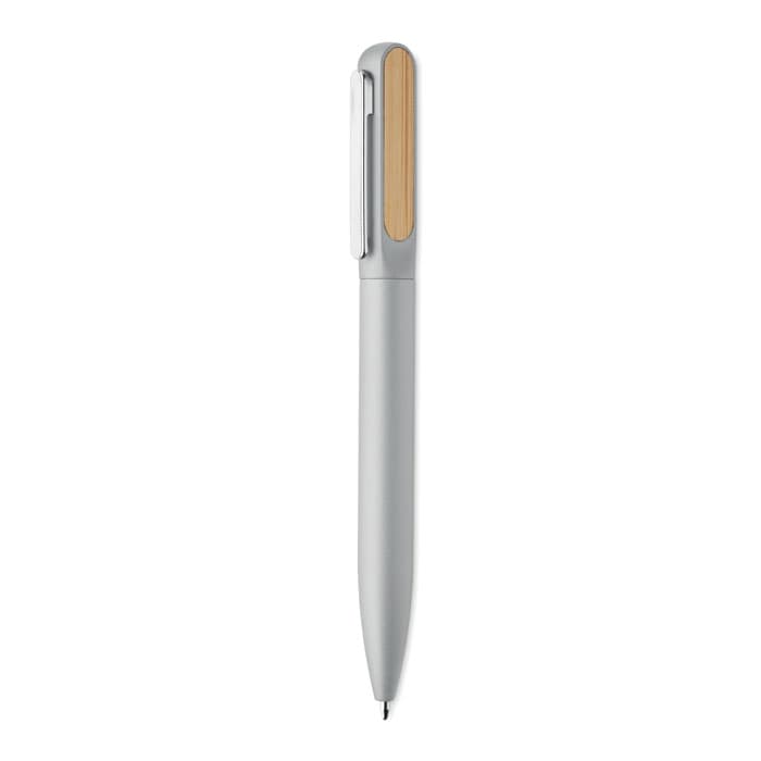 A silver pen with a wooden accent and a clip, featuring a sleek, modern design.